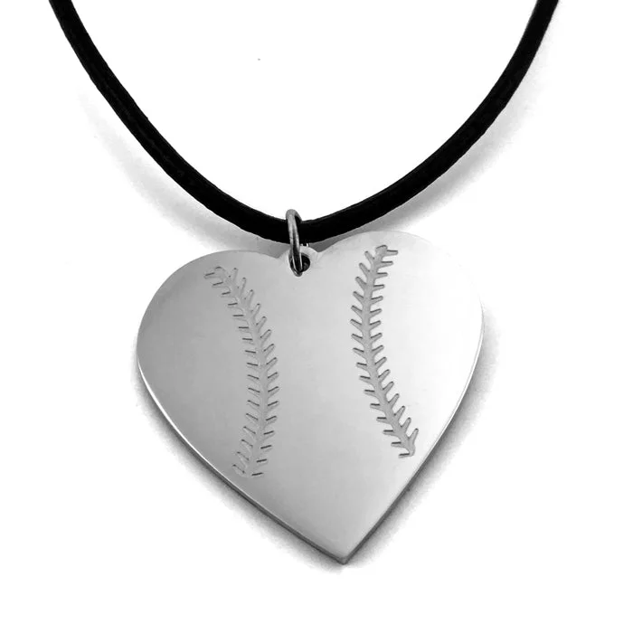 Modern Diamond Necklaces-Baseball Heart Necklace on Leather