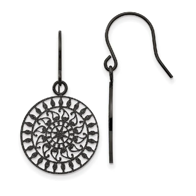 Elegant Drop Earrings for Weddings-Stainless Steel Polished Black IP-plated Laser Cut Shepherd Hook Earrings