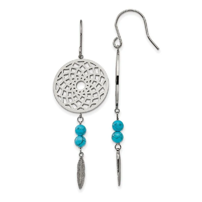 Luxury Diamond Earrings-Stainless Steel w/Imit.Turquoise Dreamcatcher Dangle Earrings