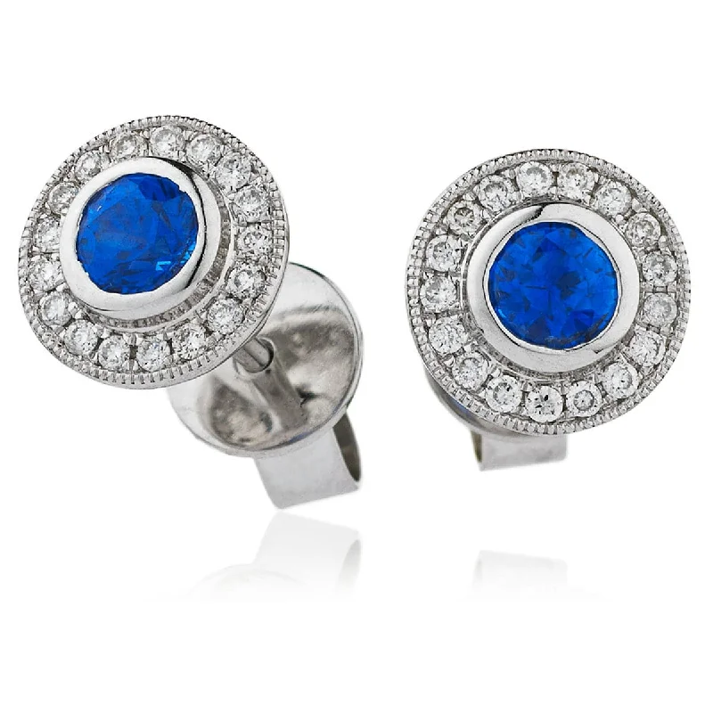 Multi-Strand Earrings-SAPPHIRE HALO RUB OVER SETTING STUD EARRINGS