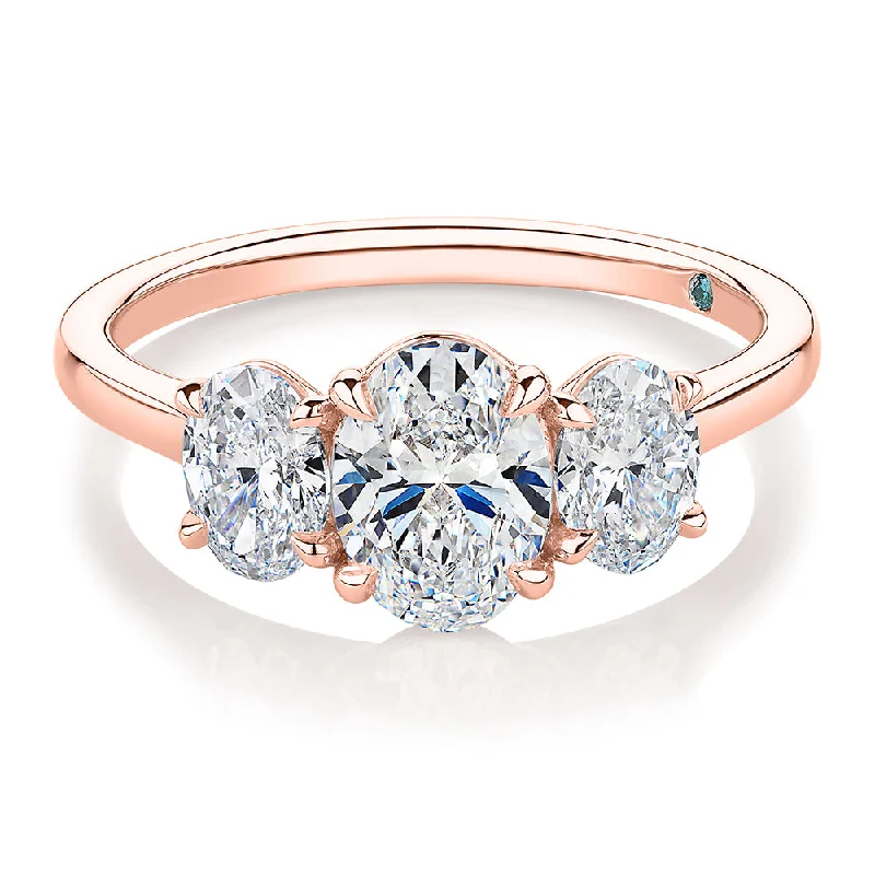 Custom Rose Gold Rings-Premium Certified Lab-Grown Diamond, 1.87 carat TW oval three stone ring in 14 carat rose gold