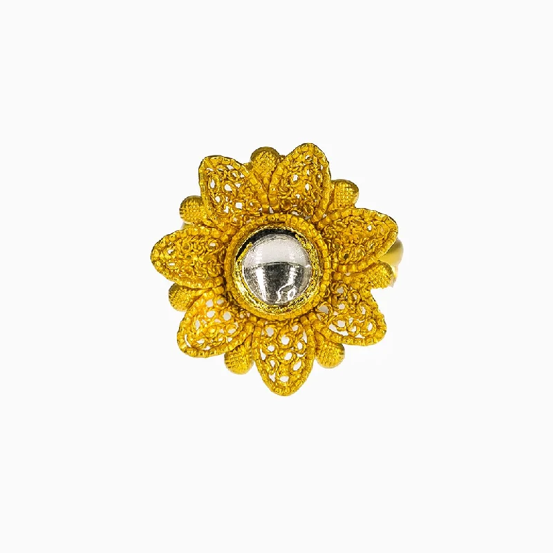 Affordable Engagement Rings-22K Yellow Gold Adjustable Ring W/ Kundan & Bloomed Faceted Flower