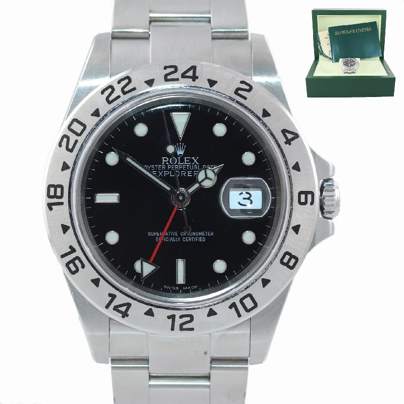 Stainless Steel Watches for Men-2004 Rolex Explorer II 16570 Stainless Steel Black Date GMT 40mm Watch Box