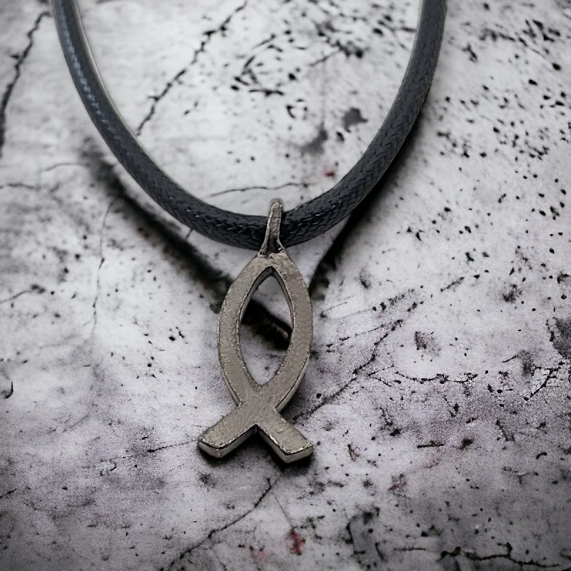 Classic Pearl Necklaces-Jesus Ichthus Small Fish Gunmetal Finish Necklace