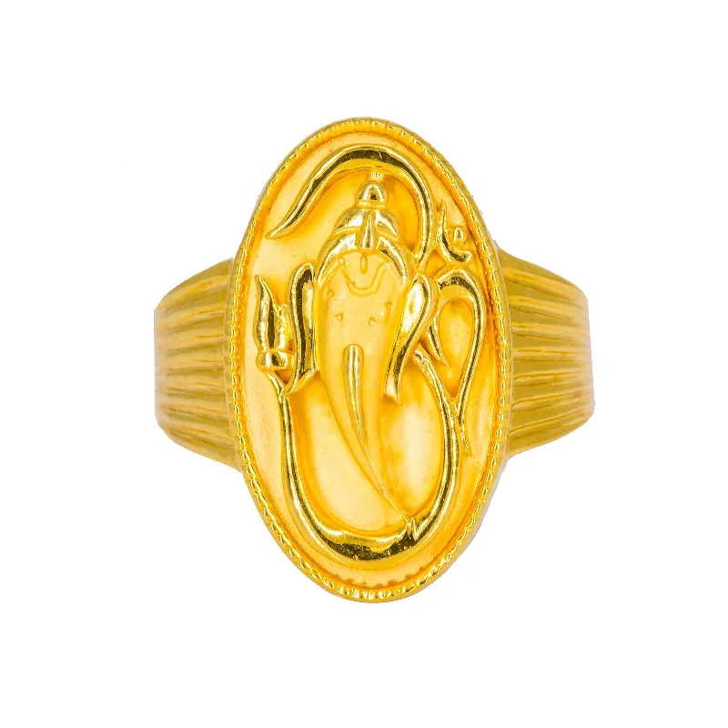 Wedding Rings with Colored Stones-22K Yellow Gold Men's Ring W/ Ganesh Signet & Ribbed Shank