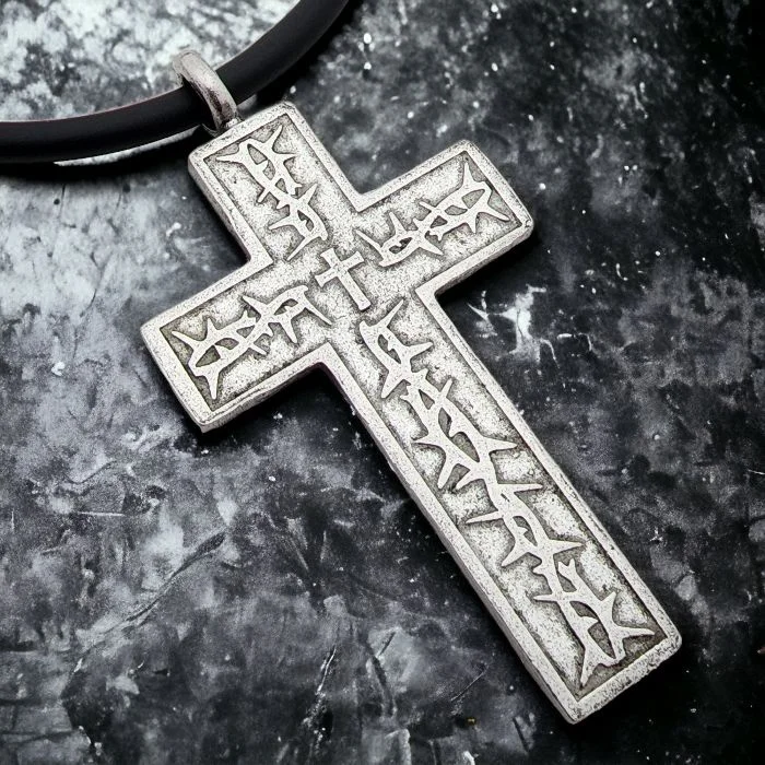 Fashionable Rope Necklaces-Thorns Cross Antique Silver Finish Pendant Black Cord Necklace