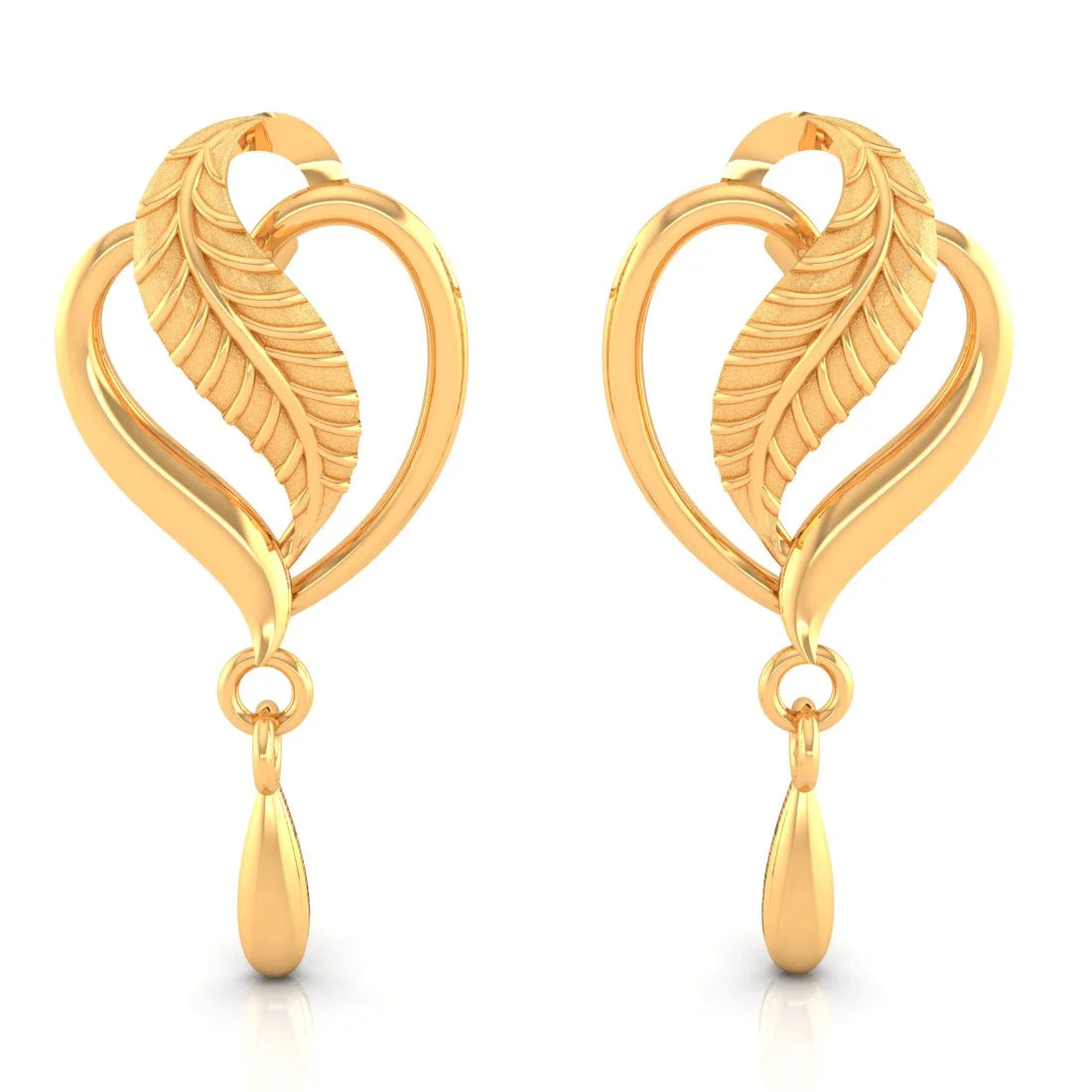 Wedding Earrings for Brides-22KT (916) Yellow Gold Heart Drop Earrings With Leaf Accent And Drop Dangle