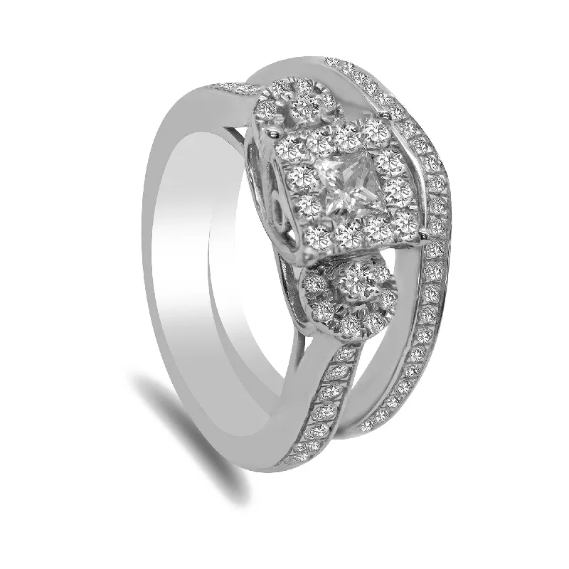 Solitaire Diamond Wedding Rings-1.05CT Diamond Princess Shape Engagement Ring Set in 14K White Gold