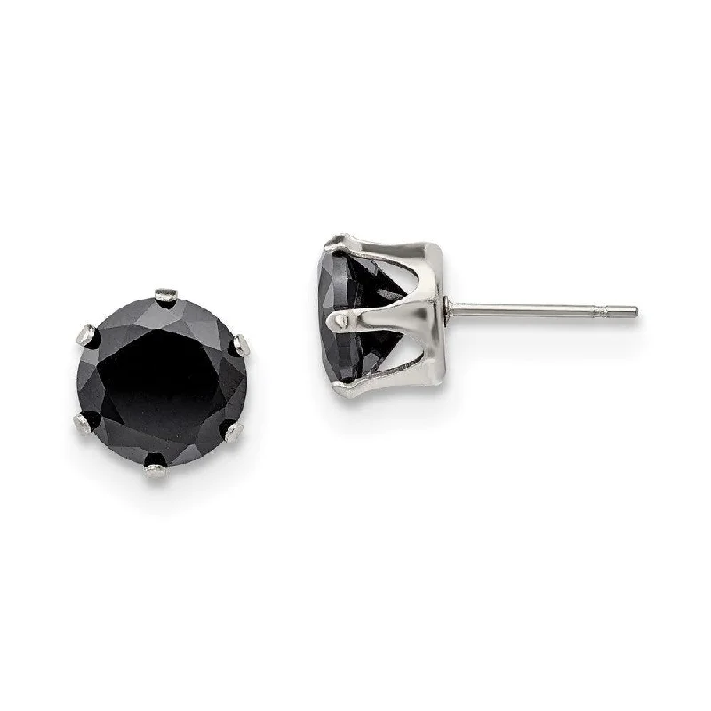 Premium Gold Earrings-Stainless Steel Polished 9mm Black Round CZ Stud Post Earrings