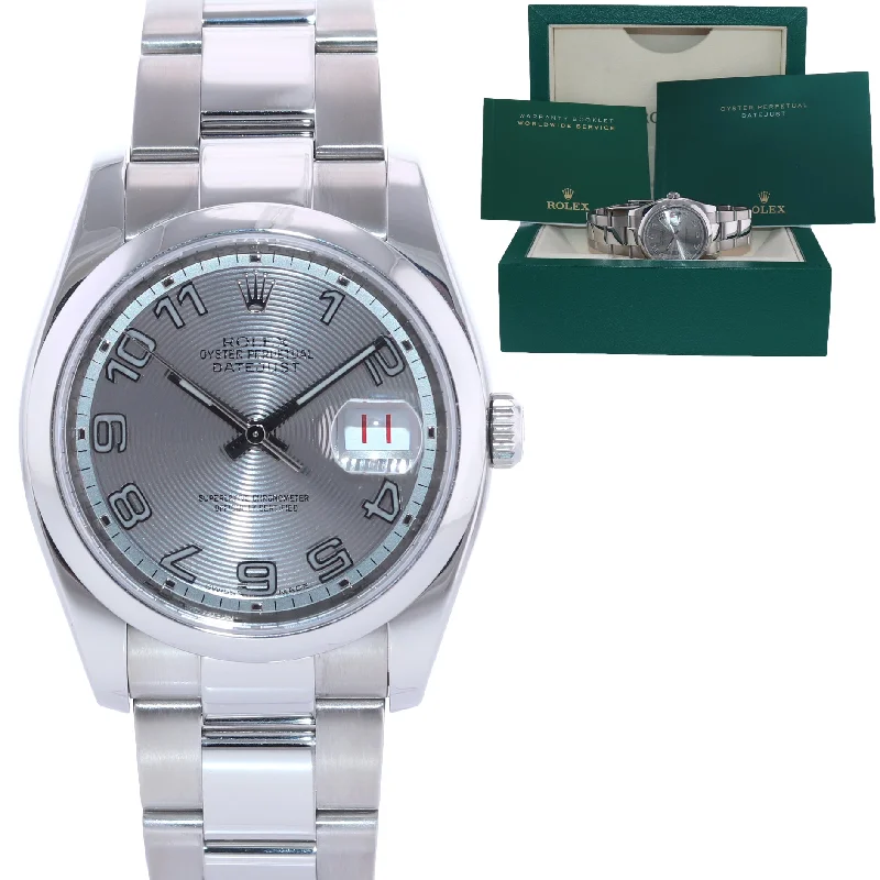 Watches with Classic Leather Bands-2008 Rolex DateJust Silver Concentric Arabic 116200 36mm Oyster Steel Watch Box