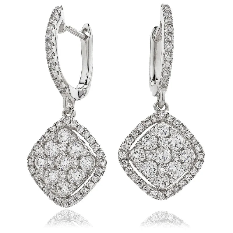 Simple Silver Earrings-DIAMOND CLUSTER AND HALO DROP EARRINGS IN 18K WHITE GOLD