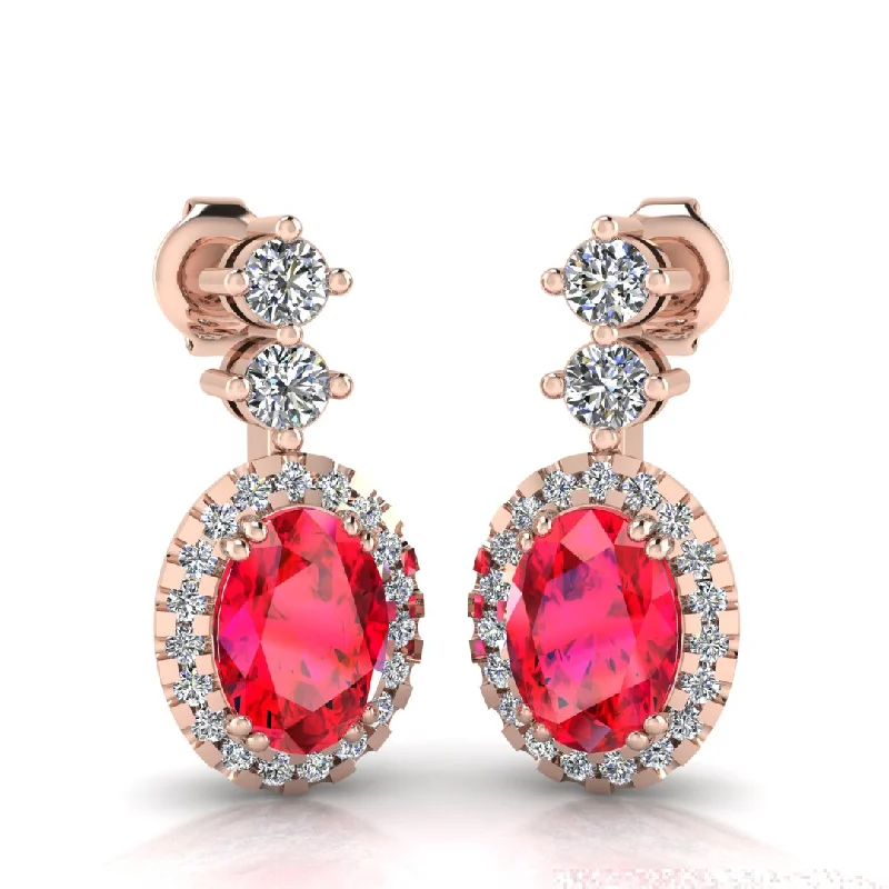 Elegant Crystal Earrings-Ruby 1.40 Carat Oval Shape Halo Natural Diamond Drop Earrings E1OCR