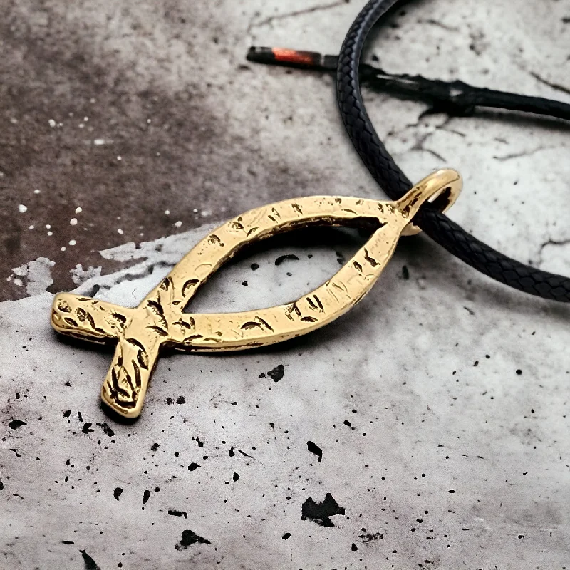 Sparkling Stone Necklaces-Ichthus Fish Hammered Gold Metal Finish Black Cord Necklace