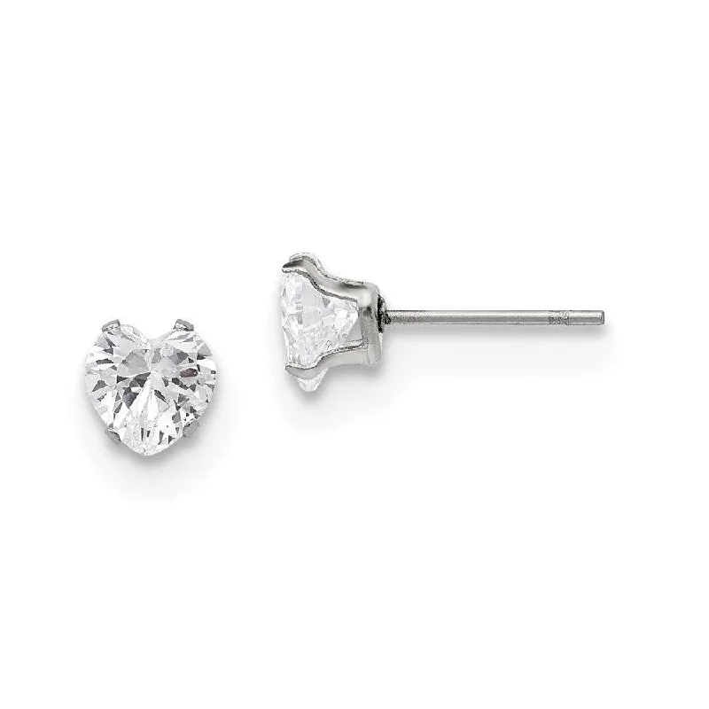 Simple Gemstone Earrings-Stainless Steel Polished 6mm Heart CZ Stud Post Earrings