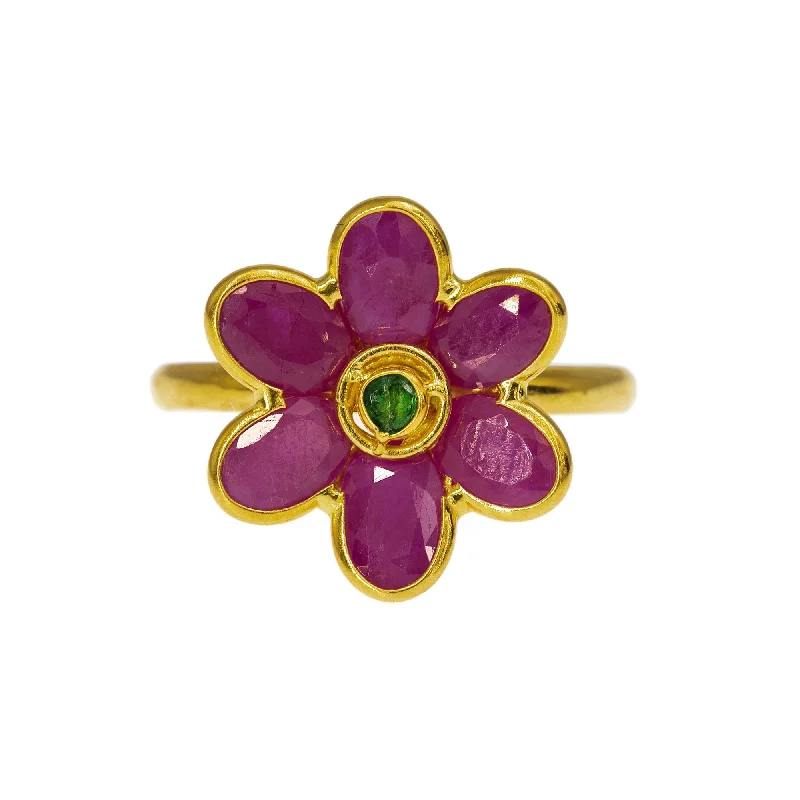 Custom Signet Rings-22K Yellow Gold Flower Ring W/ Rubies & Emeralds, 3.4 Grams