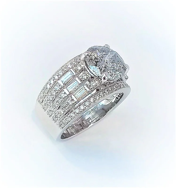 Natural Stone Rings-FIVE Row Baguette & Pavé Diamond Ring in 14k White Gold