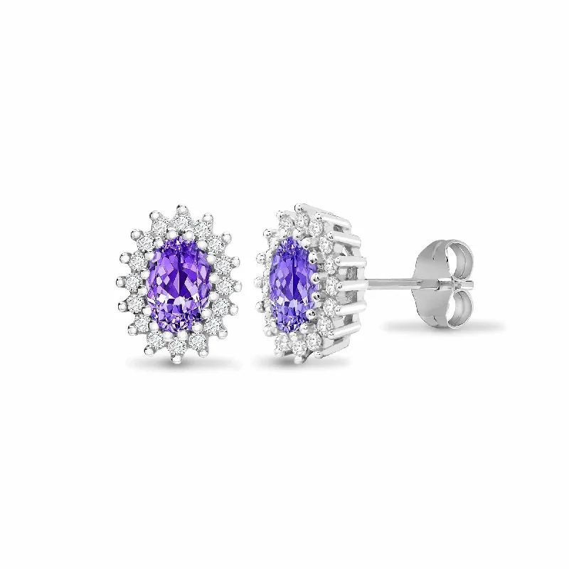 Designer Crystal Earrings-Amethyst Halo Stud Earrings in 9K White Gold