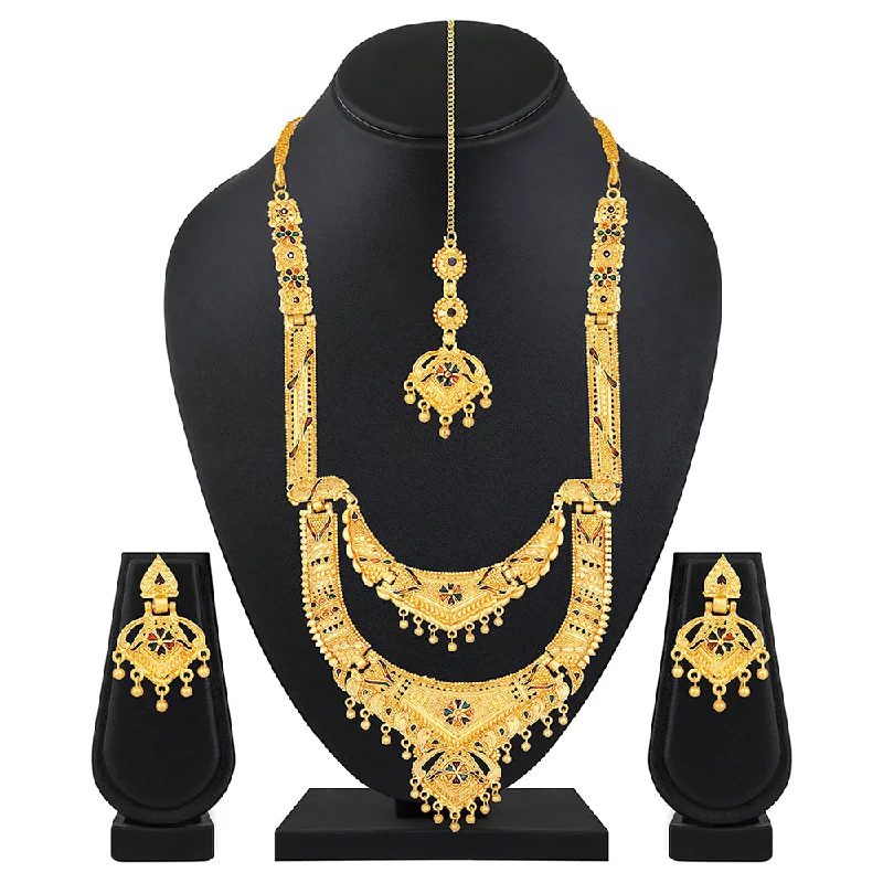 Personalized Friendship Necklaces-Mahi Gold Plated Traditional Layered Wedding Necklace Set with Maang Tikka for Women (NL1108084G)