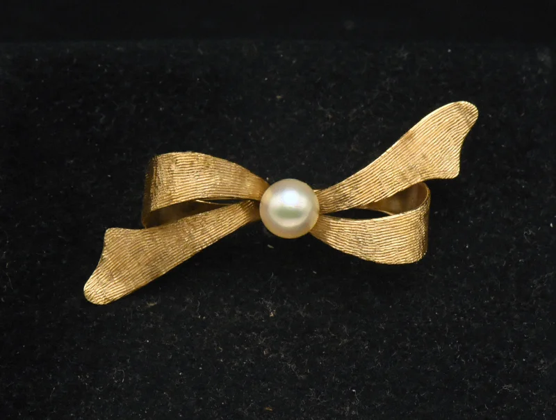 Elegant Brooch with Colorful Gemstones-Vintage Handmade 14K Gold and Cultured Pearl Bow Brooch