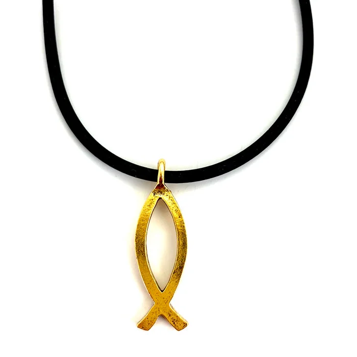 Cute Charm Necklaces-Ichthus Jesus Fish Gold Metal Necklace