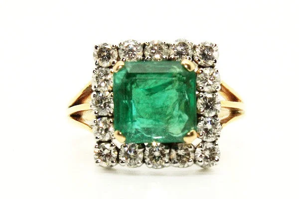 Large Cocktail Rings-Emerald And Diamond Split Shank Halo Ring Ad No.1128