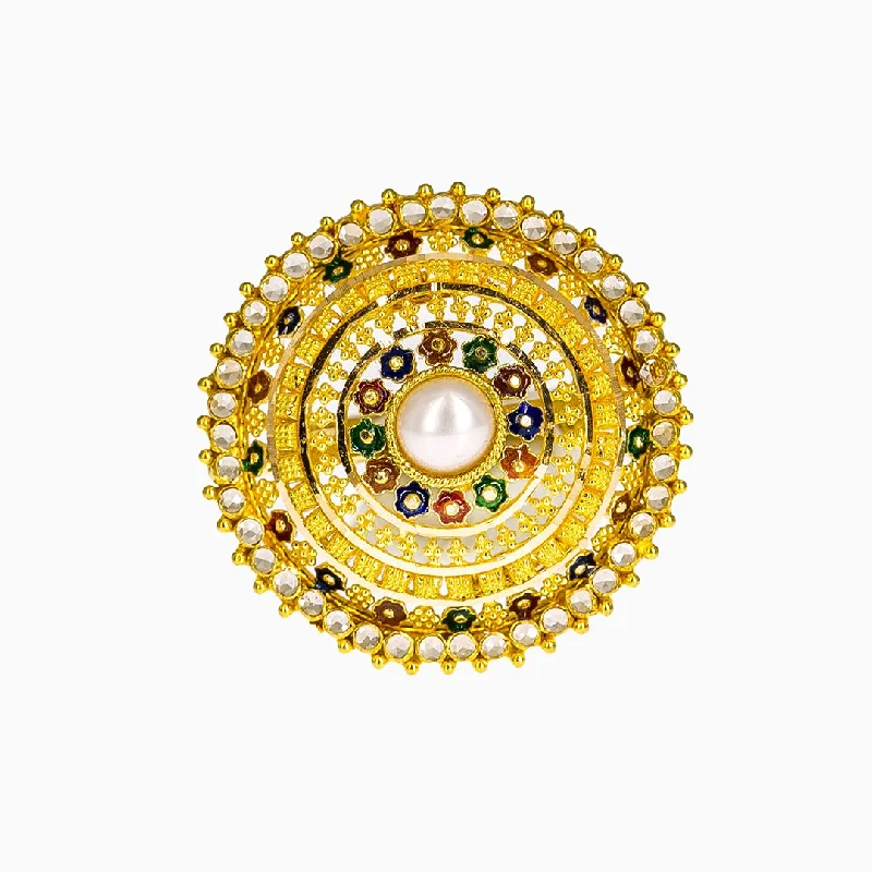 Gemstone Solitaire Rings-22K Yellow Gold Shield Ring W/ Meenakari, CZ Gems & Center Pearl