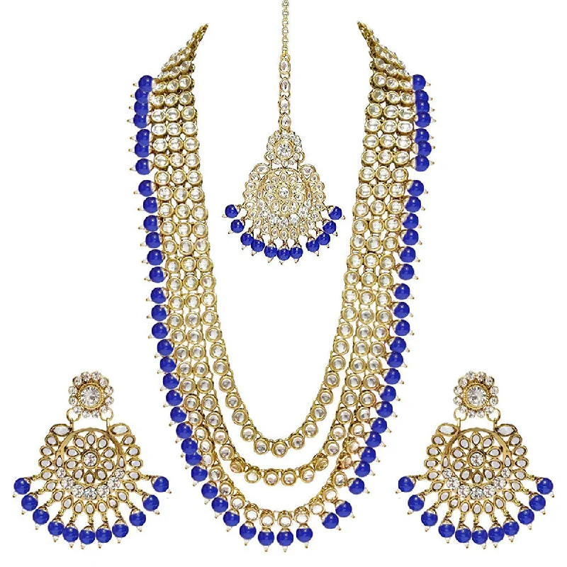 Designer Choker Necklaces-Etnico 18K Gold Plated Traditional Kundan & Pearl Studed Bridal Jewellery Set For Women (IJ348Bl)