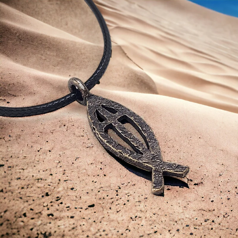 Colored Gemstone Necklaces-Ichthus Fish Cross Hammered Antique Brass Finish Black Cord Necklace