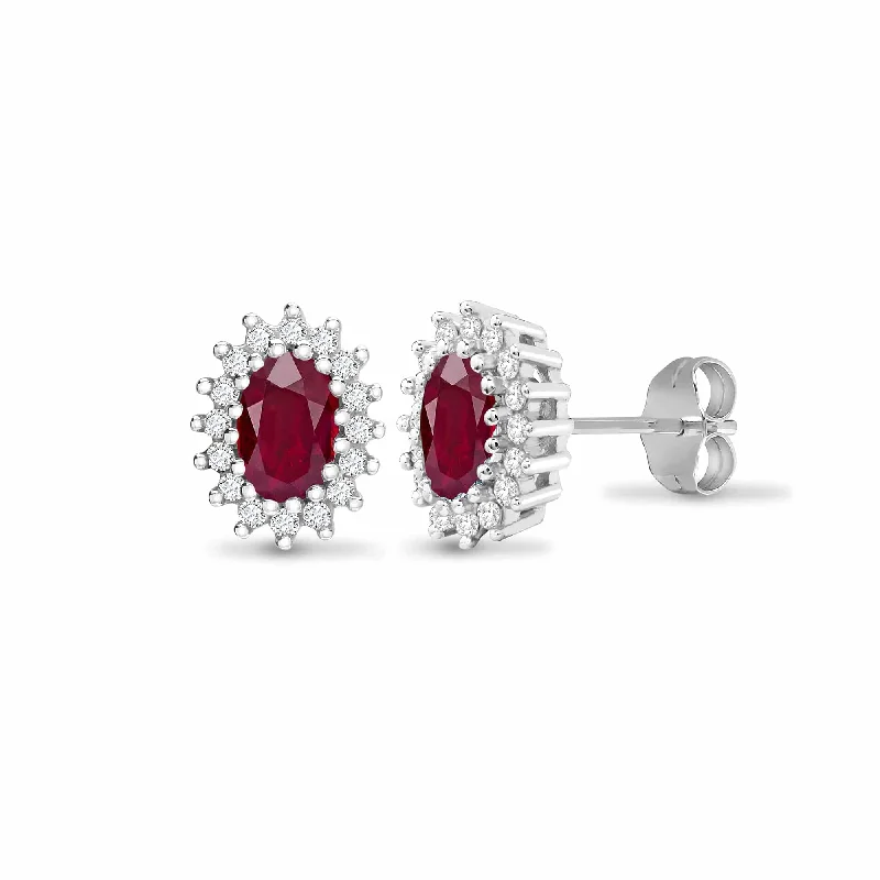 Lightweight Gold Earrings-RUBY HALO STUD EARRINGS IN 9K WHITE GOLD