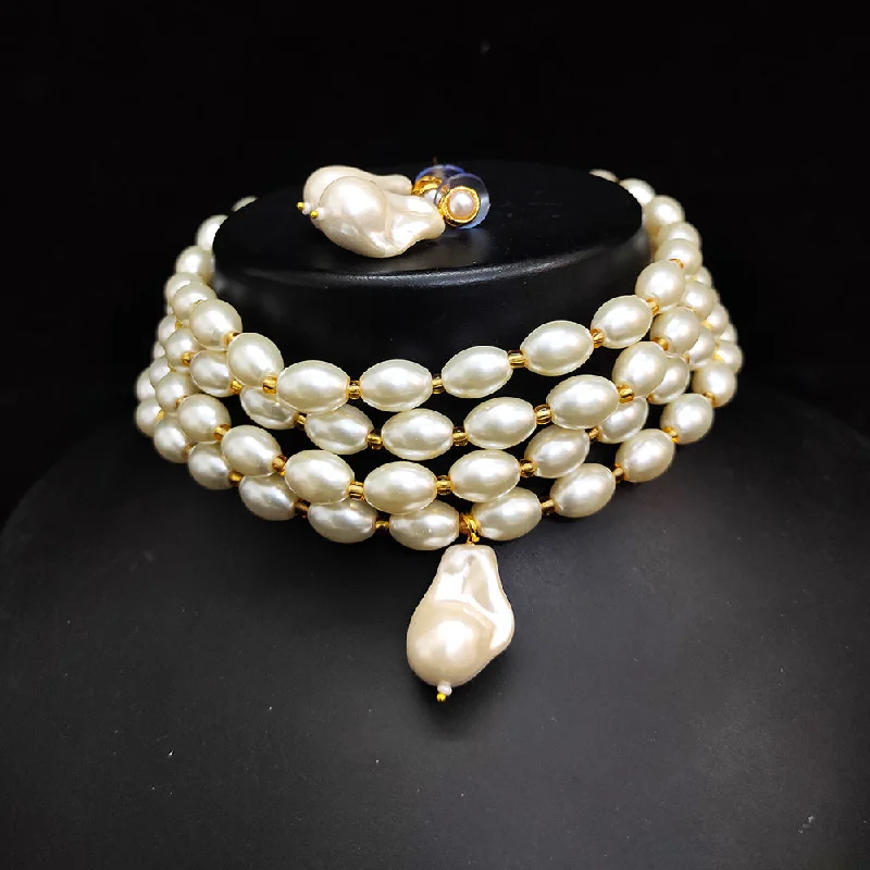 Sterling Silver Necklaces-Gehana Mahal Gold Plated Pearl Choker Necklace Set