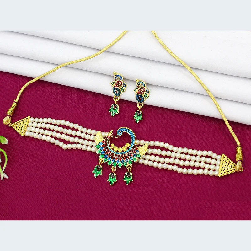 Heart Shaped Necklaces-Mahavir Dye Gold Pearl Peacock Choker Necklace Set