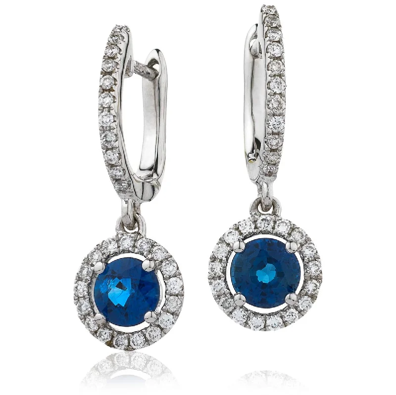 Bright Gemstone Earrings-SAPPHIRE HALO HOOP DROP EARRINGS