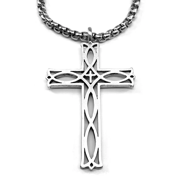 Designer Bead Necklaces-Cross Ichthus Fish Antique Silver Necklace Heavy Chain