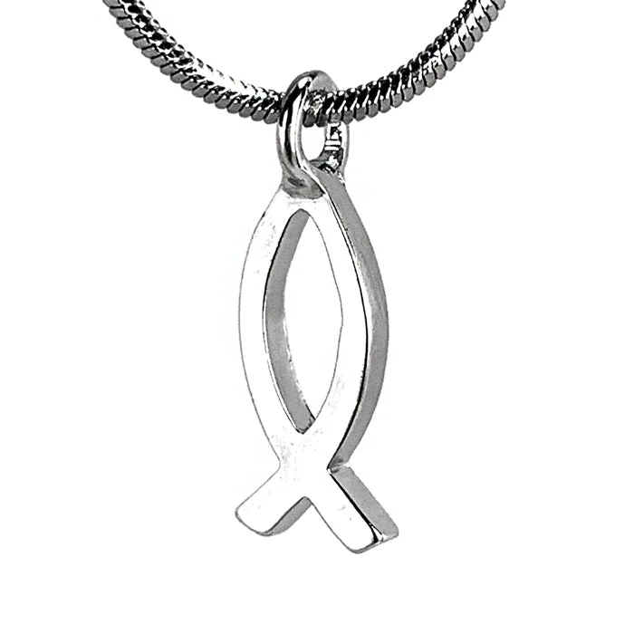 Silver Heart Necklaces-Jesus Ichthus Small Fish Rhodium Finish Snake Chain Necklace