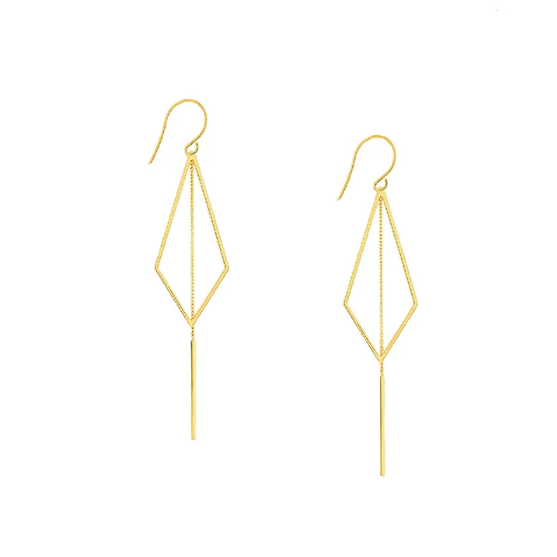 Designer Drop Earrings-14K Gold Kite Earrings with Chain Drape on Fish Hook