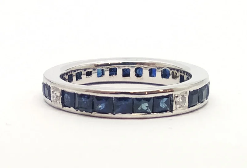 Designer Platinum Rings-Seamless Sapphire Emerald-Cut and Diamond  Eternity Band RNG-164