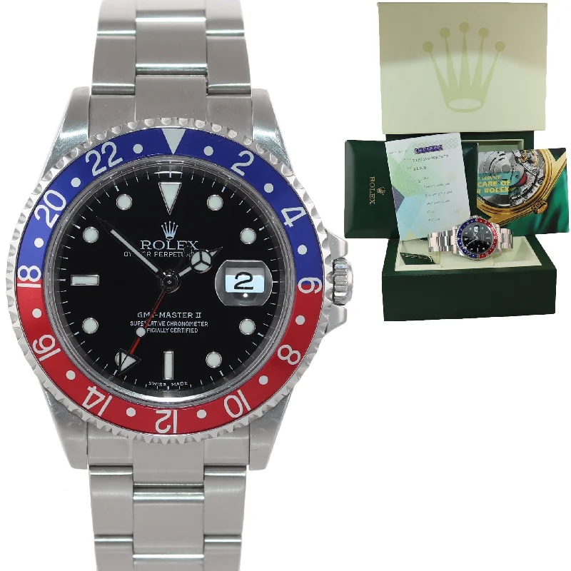 Elegant Stainless Steel Watches-2005 PAPERS Rolex GMT-Master 2 Pepsi Blue Red Steel 16710 40mm NO HOLES