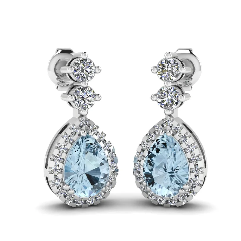 Custom Birthstone Earrings-Aquamarine 1.30 Carat Pear Shape Halo Natural Diamond Drop Earrings E1PSA