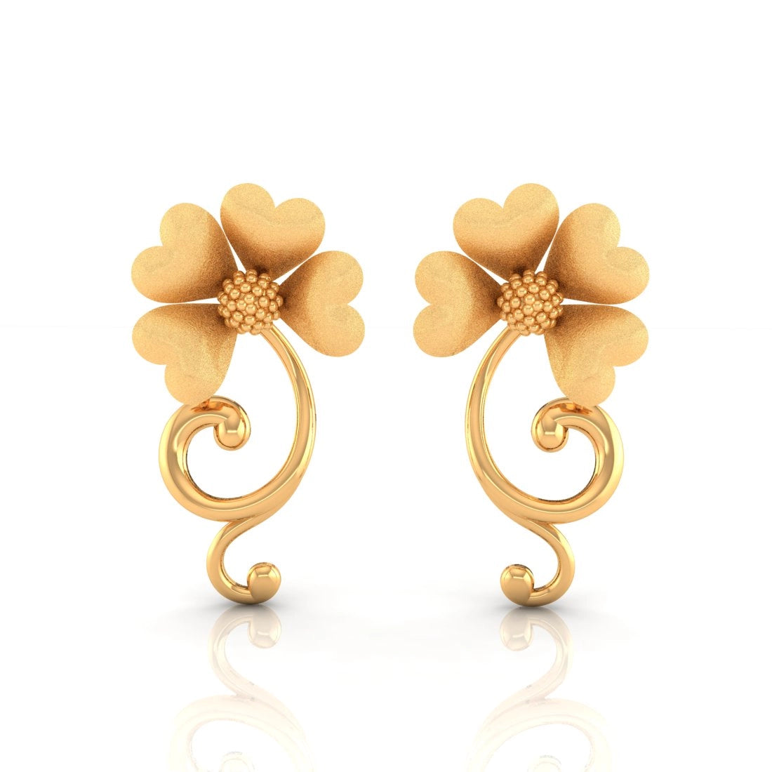 Pearl Drop Earrings-22KT (916) Yellow Gold Heart-Petal With Vine-Inspired Swirls Stud Earrings