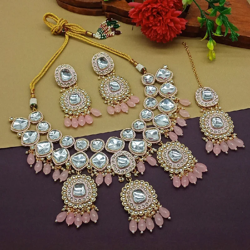 Custom Silver Necklaces-Gehana Mahal Gold Plated Kundan Stone Necklace Set