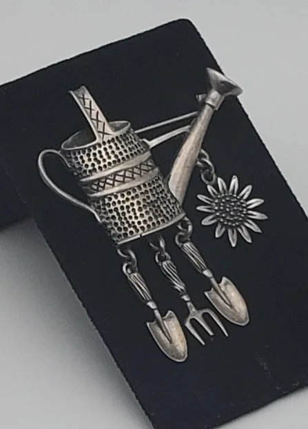 Simple Vintage Brooch for Casual Wear-Vintage Sterling Silver Watering Can Gardening Themed Brooch