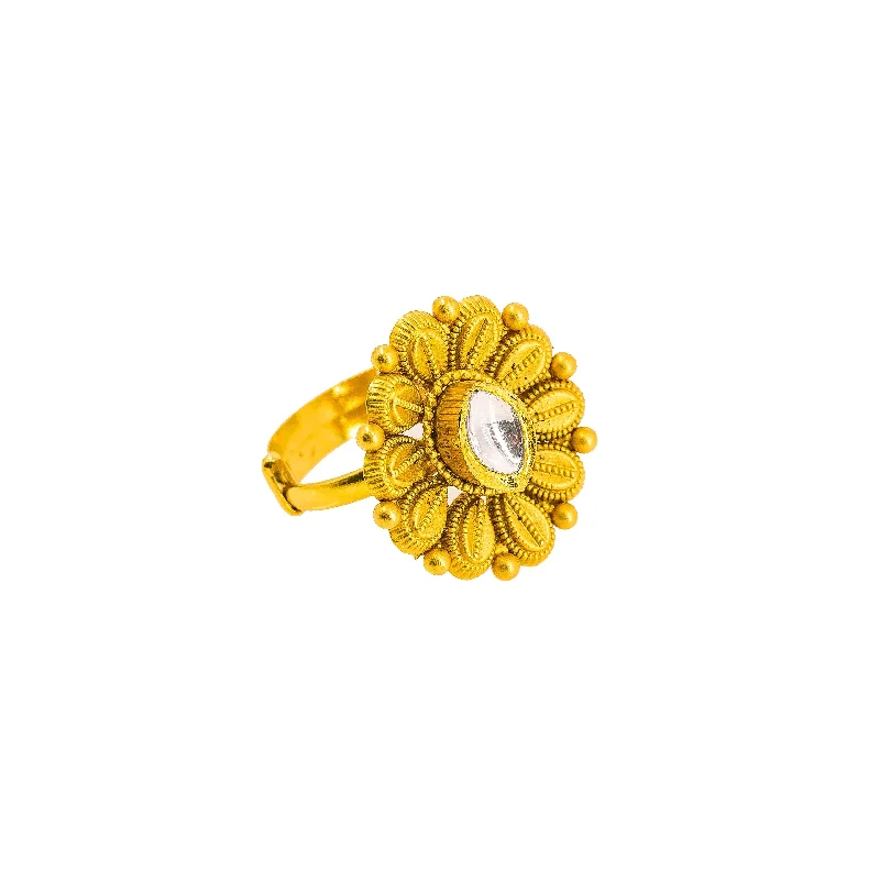 Simple Gold Rings for Women-22K Yellow Gold Ring W/ Kundan, Artisanal Flower & Extendable Band