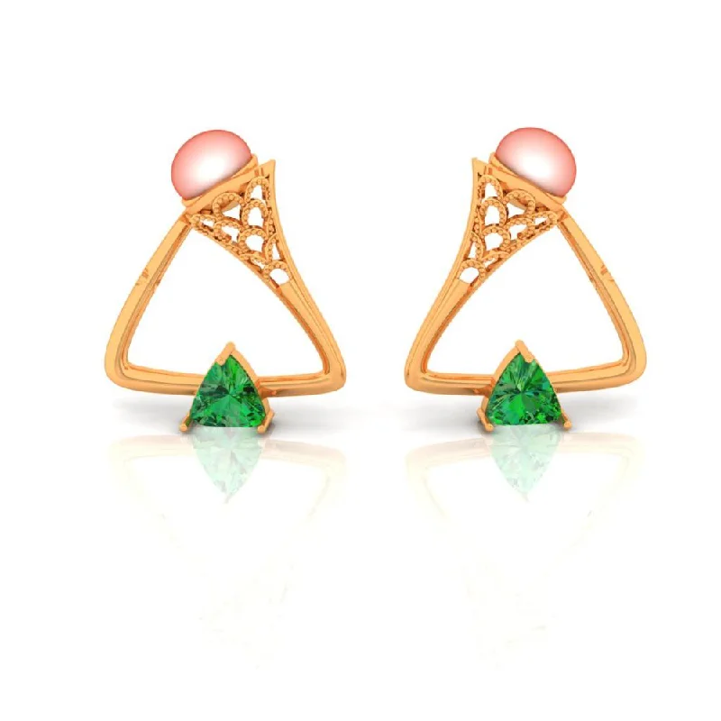 Cute Butterfly Earrings-18k Triangle Gold Earrings With A Shiny Green Stone