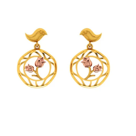 White Pearl Earrings-Gold Earrings With A Cute Bird And Floral Design