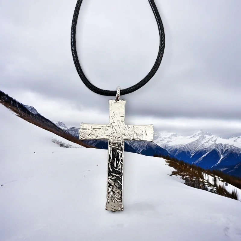 Gold-Plated Choker Necklaces-Hammered Cross Silver Rhodium Metal Finish Black Cord Necklace