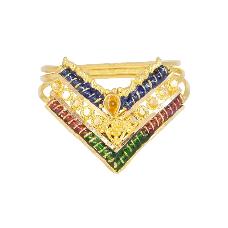 Classy Wedding Rings-22K Yellow Gold Triple Chevron Ring W/ Enamel