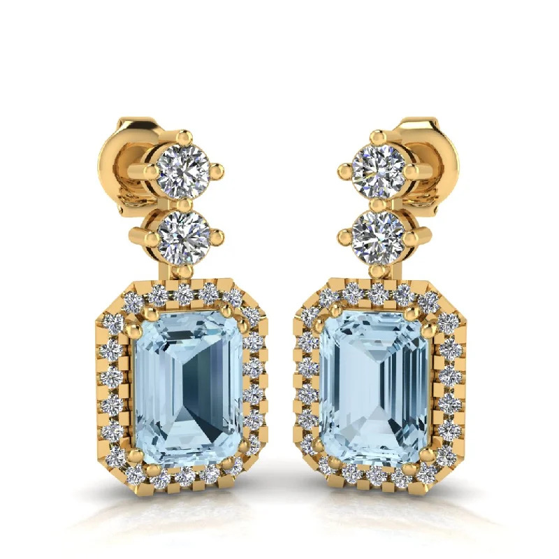 Silver Threader Earrings-Emerald Cut 1 Carat Aquamarine Natural Diamond Halo Drop Earrings E1ECA