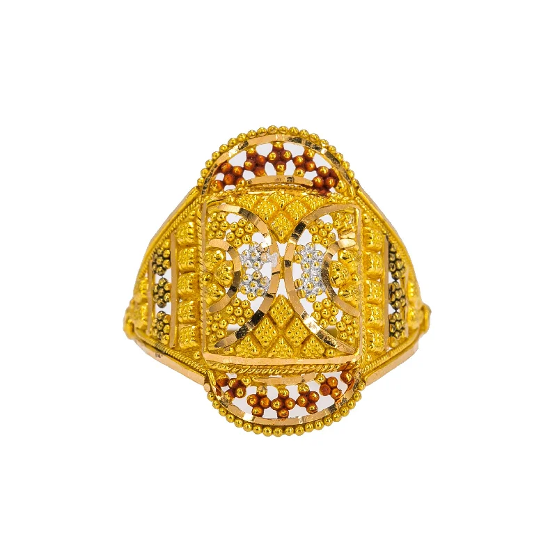 Personalized Engagement Rings-22K Yellow Gold Women's Ring W/ Beaded Filigree, Meenakari Details & Crowned Accents