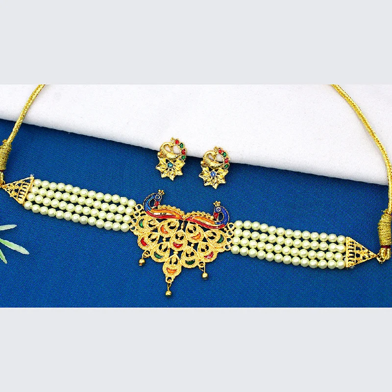 Multi-Colored Crystal Necklaces-Mahavir Dye Gold Plated Pearl And Meenakari Choker Necklace Set