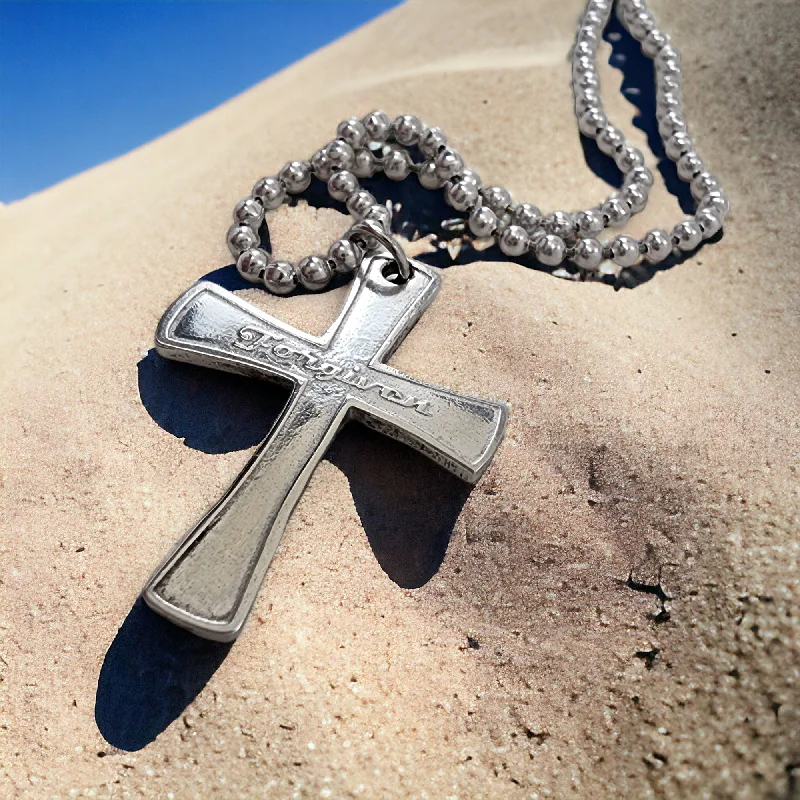 Elegant Wedding Pendant Necklaces-Forgiven Cross Antique Silver Metal Finish Ball Chain Necklace